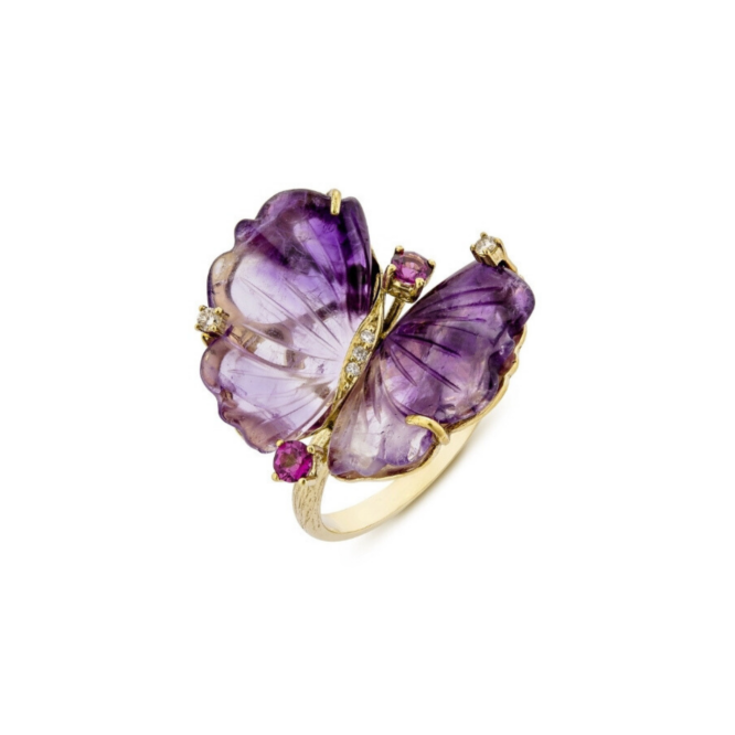 Bague Butterfly en or jaune 18 carats, amethystes diamants et rhodolites