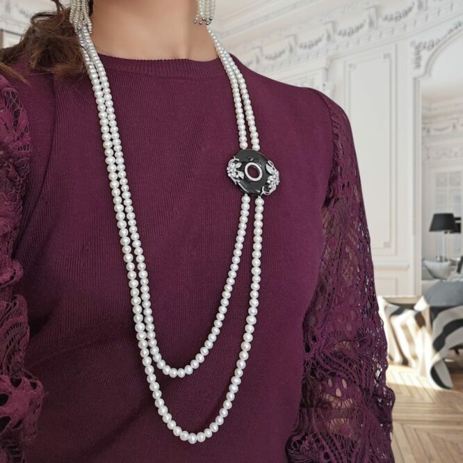 Sautoir Gatsby en perles et onyx - Argent Sterling Silver 925